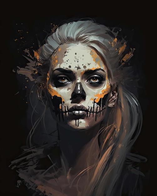 Zdjęcie calavera catrina trzymająca czaszkę na ciemnym, przerażającym tle makijaż cukrowej czaszki dia de los muertos day of the dead halloween