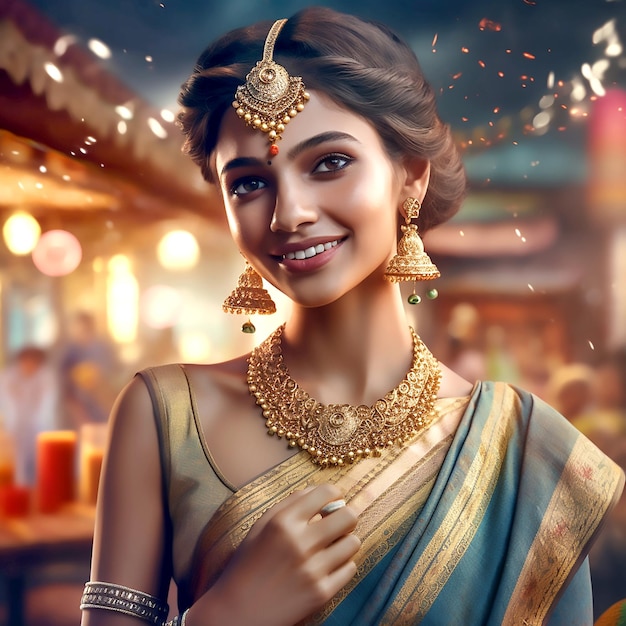Całkiem uśmiechnięta indyjska dziewczyna w jedwabiu sari ze złotą biżuterią
