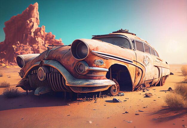 Całkowicie zardzewiały rozbity samochód na pustynnych wzgórzach pod niebieskim niebem Wysokiej jakości ilustracja