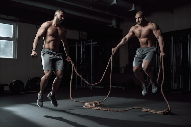 Całkowite zdjęcie dwóch mężczyzn skaczących na linie w siłowni stworzone za pomocą sztucznej inteligencji generatywnej