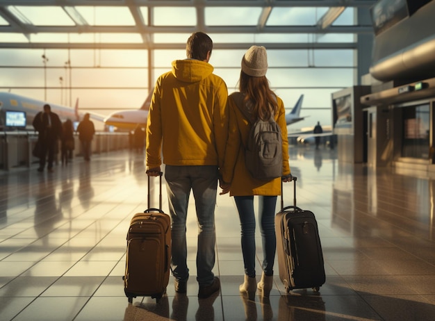 Całkowity długość śmiejący się mężczyzna trzymający szczęśliwą damę rękę z bagażem przemieszczają się razem w holu lotniska podczas świtu zdjęcie wysokiej jakości