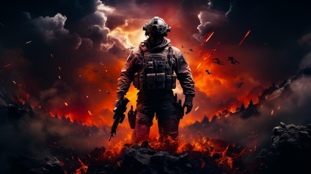 Call of Duty mobile hd art pełna kolekcja tapet Żołnierz stojący przed wypełnionym ogniem niebem