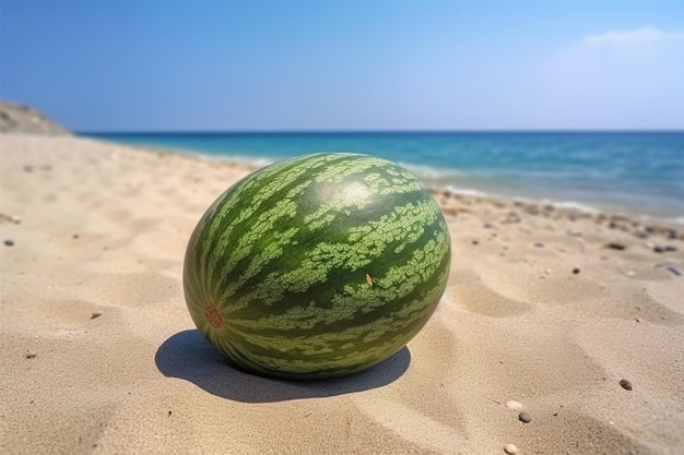 Całość Jednego Zielonego świeżego Owocu Arbuza Na Piasku Plaży Z Widokiem Na Morze