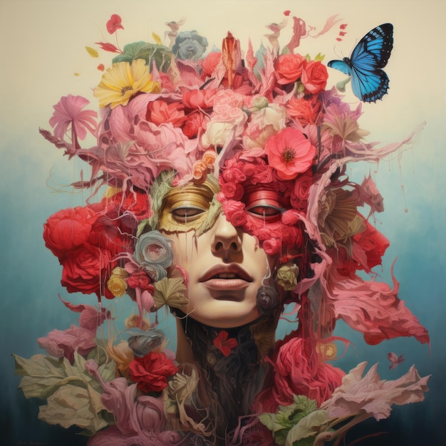 Cały realistyczny portret kobiety w kwiatach z motylami