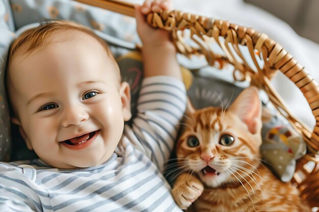 Zdjęcie cały zdjęcie uśmiechniętego dziecka i kota w koszu