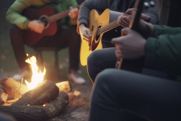 Campfire Jam Session Przyjaciele grający na gitarze i śpiewający przy ognisku