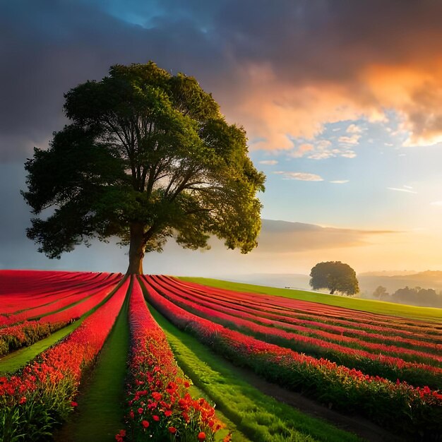 campo incolto in centro a una radura con un mazzo di fiori rossi in un angolo cielo in tempesta