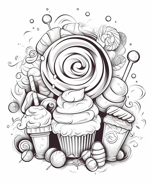 Zdjęcie candy doodle simple czarno-biały styl kreskówki candy coloring page