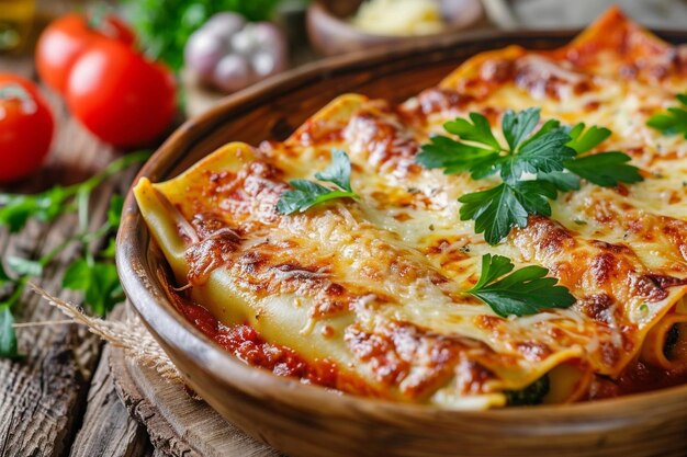 Cannelloni al forno pieczone tubki makaronu wypełnione kremową makaronem wypełnionym ricottą