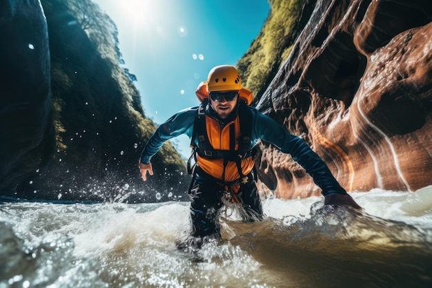 Canyoning ekstremalny sport Canyoning ekspedycja popularne szlaki trudne imponujące miejsce Człowiek Odkrywanie dzikiego nieokaleczonego kanionu rzeki Wolność energii i adrenaliny