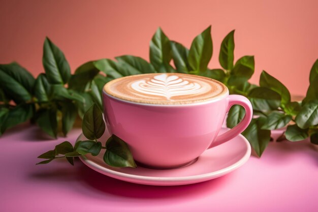Cappuccino różowe pastelowe zielone liście Kubek do espresso Generuj Ai
