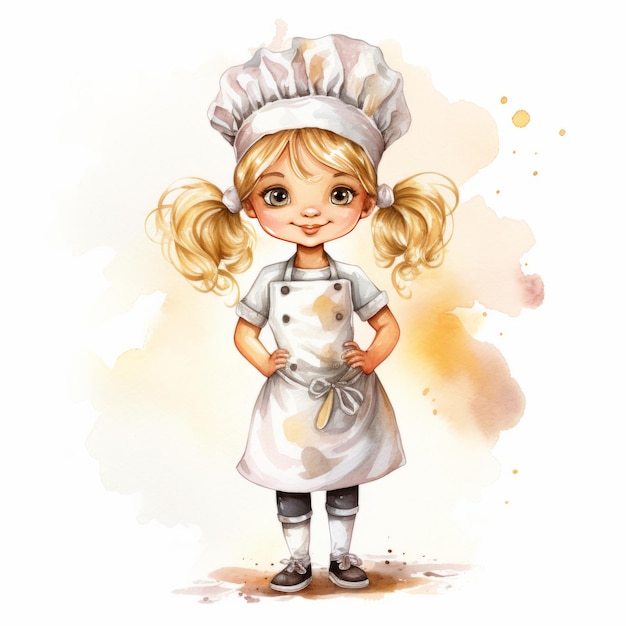 Capricious Clipart zachwyca małą blondynkę szefową kuchni na pięknym tle akwarelowym