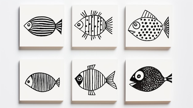 Capricious Monochrome Fish Sticker Bundle Cartoon HandDrawn Ink Art z odważnym kontrastem