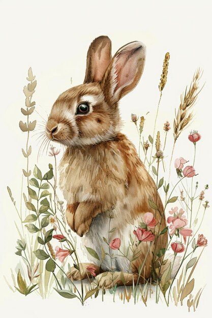 Capricious Watercolor Bunny w Enchanted Meadow Generative AI