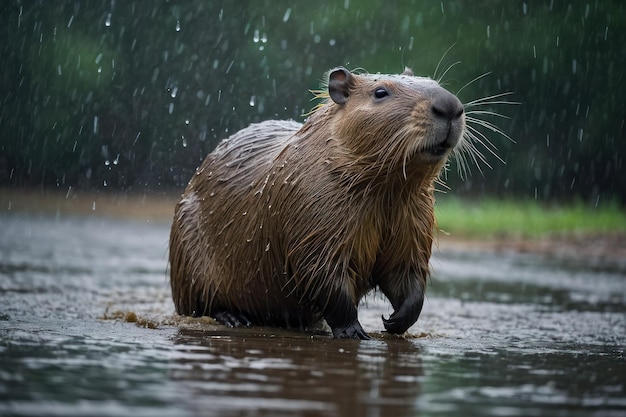 Zdjęcie capybara w deszczu