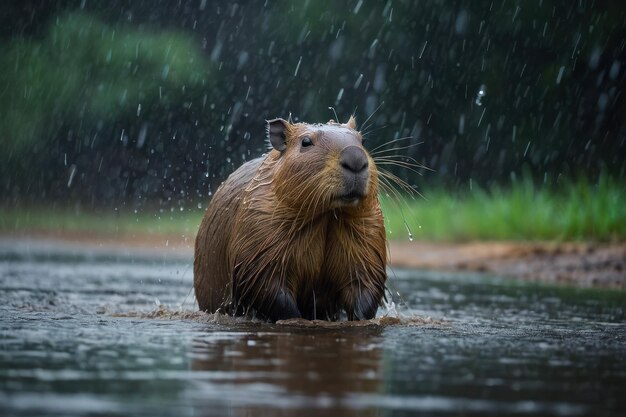 Zdjęcie capybara w deszczu