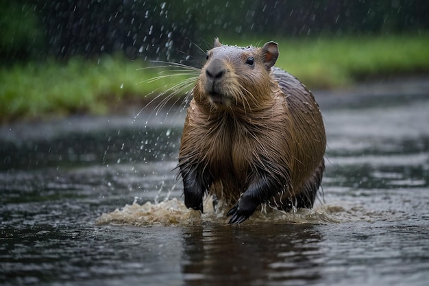 Capybara w deszczu