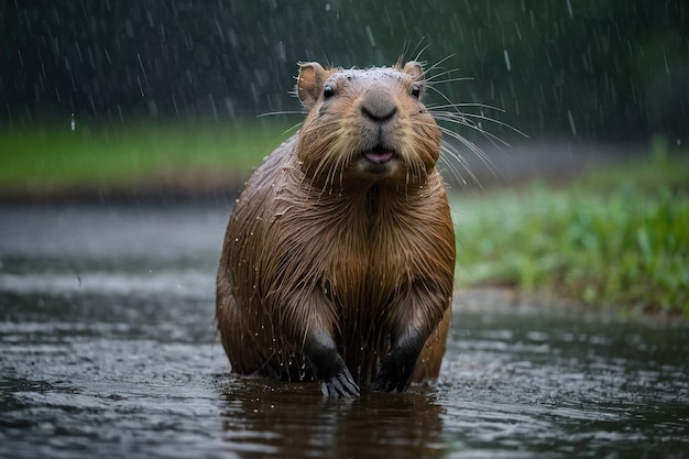 Capybara w deszczu