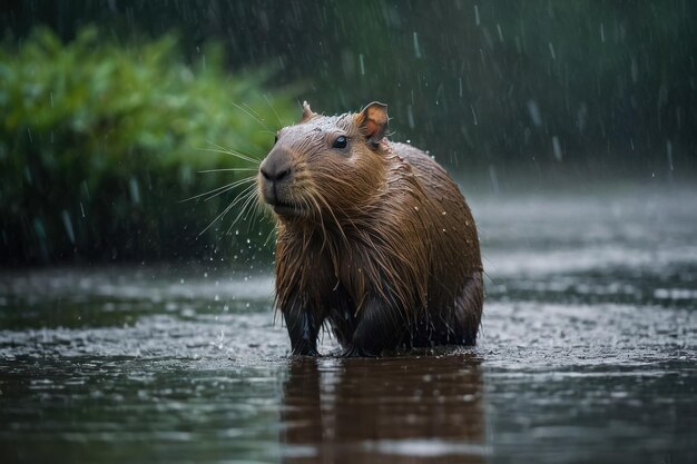 Zdjęcie capybara w deszczu