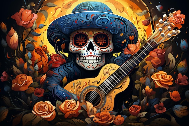 caricatura del da de los muertos el color dominujący es el azul con dekoracin amarilla