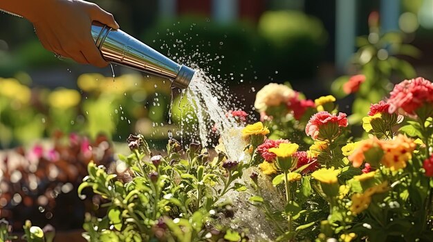 Zdjęcie caring for plants watering and caring for urban flower beds