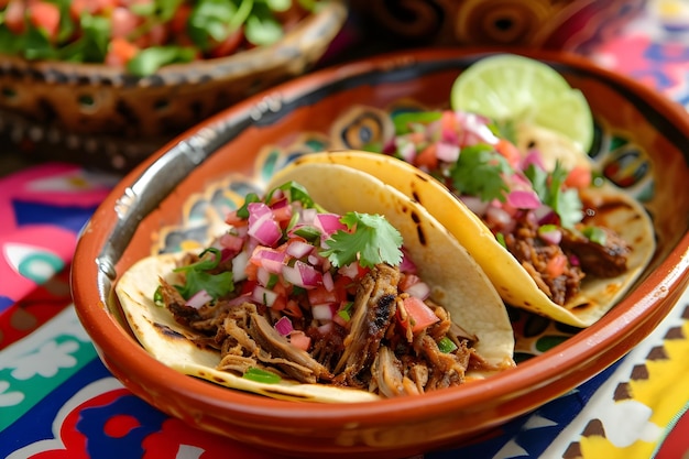 Carnitas Fiesta Tacos na tradycyjnym potrawie ceramicznym