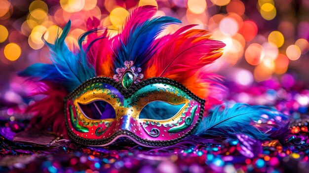 Zdjęcie carnival party maska wenecka z abstrakcjami nieostre światła bokeh na błyszczących serpentynach