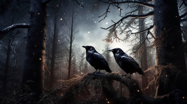 Carrion crow lub Corvus corone czarny ptak siedzący na gałęzi AI Generative
