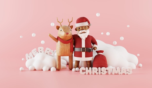 Cartoon 3d render Świętego Mikołaja i reniferów z Boże Narodzenie urządzone