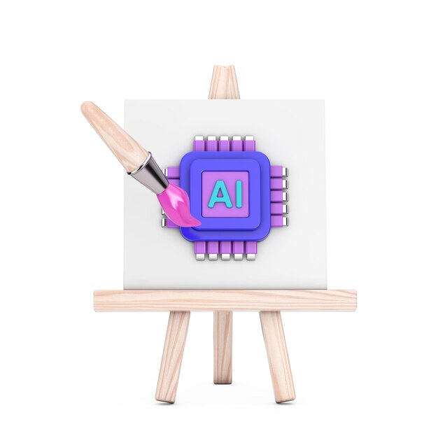 Zdjęcie cartoon artist paintbrush z easel i ai powered microchip cpu processor web icon rendering 3d