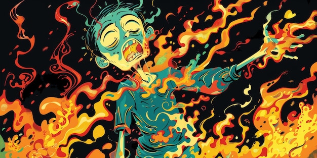 Zdjęcie cartoon of a boy exhaling in a fire