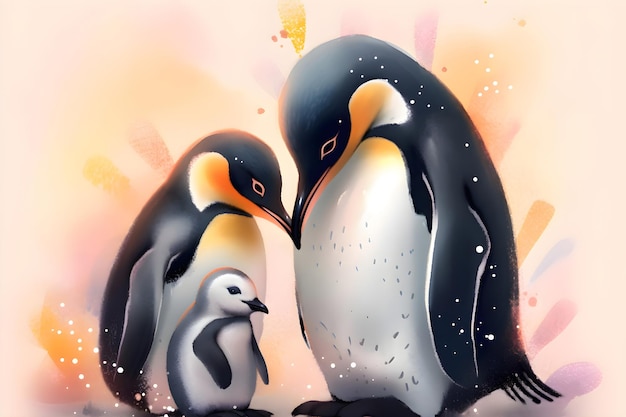 Cartoon pingwiny matka z dziećmi dzień matki Generative AI