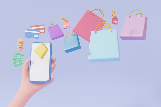 Cartoon renderowania 3D Dłoń trzymająca smartphone zakupy koncepcji online. torba na zakupy unosząca się na fioletowym pastelowym tle minimalna, promocyjna sprzedaż rabatowa, baner strony internetowej. iluzja