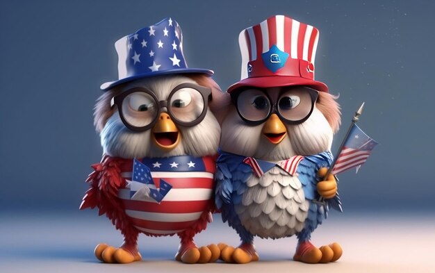 Cartoon renderowania 3D świętuje Amerykę 4 lipca Dzień Niepodległości Flaga USA Kapelusz i petardy