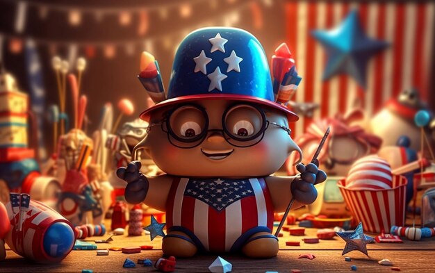 Cartoon renderowania 3D świętuje Amerykę 4 lipca Dzień Niepodległości Flaga USA Kapelusz i petardy