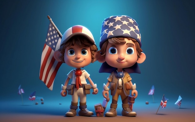 Cartoon renderowania 3D świętuje Amerykę 4 lipca Dzień Niepodległości Flaga USA Kapelusz i petardy