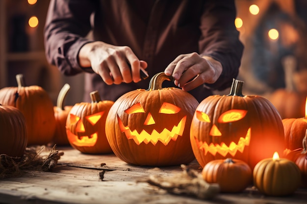 Carving Pumpkins Ręce rzeźbiące dynię z przerażającą twarzą otoczoną dyniowymi wnętrznościami i rzeźbieniem