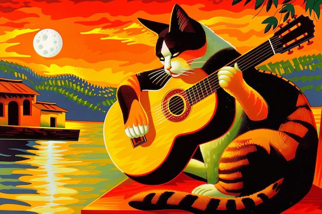 Zdjęcie cat moonlight serenade with a guitar illustration