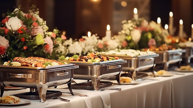 Catering bufetowy w restauracji z mięsem, kolorowymi owocami, warzywami i posiłkami