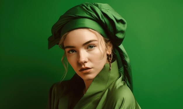 Caucasion kobieta ma na sobie zieloną odzież mody Generative AI