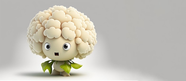CauliflowerIsolated na szarym tle Generatywna ilustracja AI z zabawną postacią z kreskówek Skopiuj miejsce Jedzenie z uroczą buzią