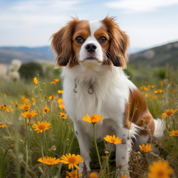 Cavalier King Charles Spaniel brązowy i biały pies na łące kwiatowej na górskim wzgórzu w tle