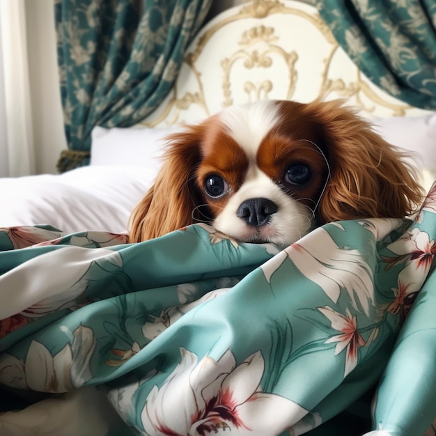 Cavalier king charles spaniel pies w łóżku obraz AI Generated Art