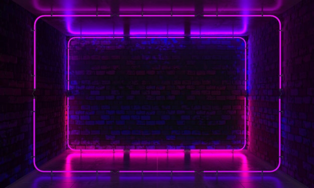 Ceglana ściana tło neonowe światło Neonowy pokój 3d render
