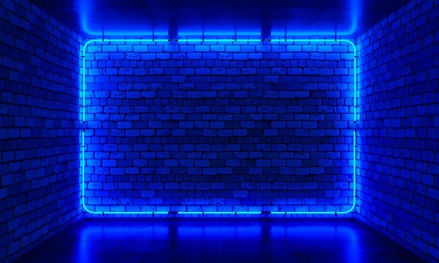 Ceglana ściana tło niebieskie światło neonowa ramka Neon room 3d render