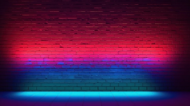 Ceglana ściana z neonowym światłem i czerwonym i niebieskim światłem na ścianie.