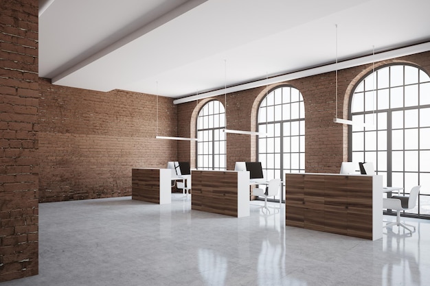 Ceglany narożnik biurowy typu open space z oknami łukowymi, betonową podłogą i kabinami. Makieta renderowania 3D