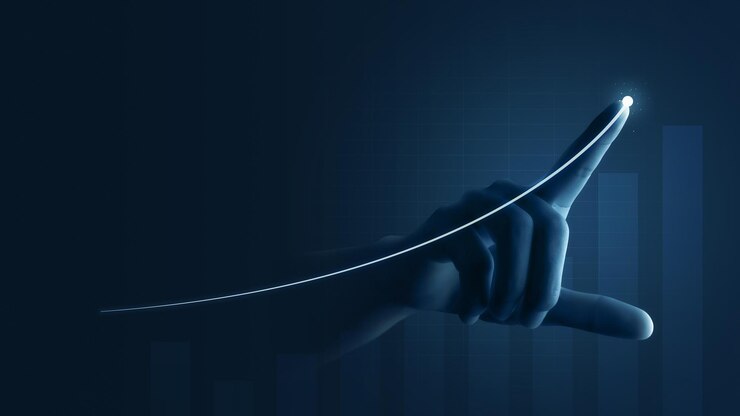 Cel biznesowa strategia sukcesu wykresu docelowego lub wykres osiągnięcia twórczego wzrostu strzałka i wykres marketingowy prezentacji finansów na tle rozwoju ze wskazaniem giełdy zysku finansowego.