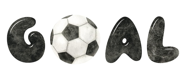 Cel Napis z piłką nożną Piłka piłkarska Akwarela ilustracja Odizolowany Sportowy emblemat piłki nożnej Dla marki i logo firmy Klub piłkarski, plakat i pocztówka sklepów z artykułami sportowymi