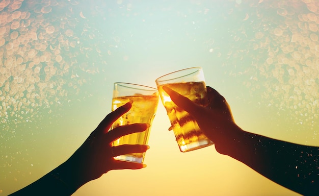 Celebracja szklanki piwa Bokeh Light Beer Drink Świętuj i zrelaksuj się z koncepcją z kopią